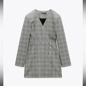 NWT ZARA Plaid Jewel Button V neck wrap blazer jacket mini long sleeve dress XS